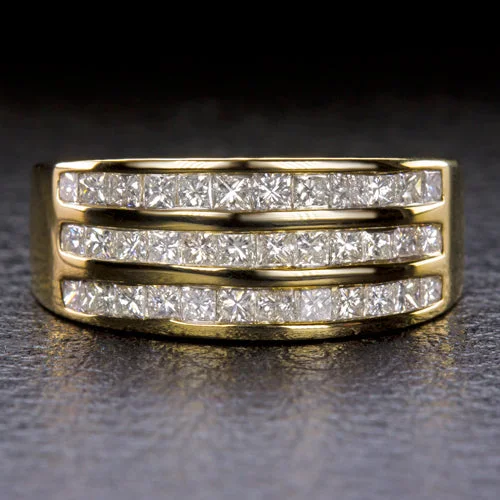 Women’s custom engagement rings-NATURAL DIAMOND COCKTAIL BAND WIDE 3 ROW RING PRINCESS CUT 1 CARAT YELLOW GOLD