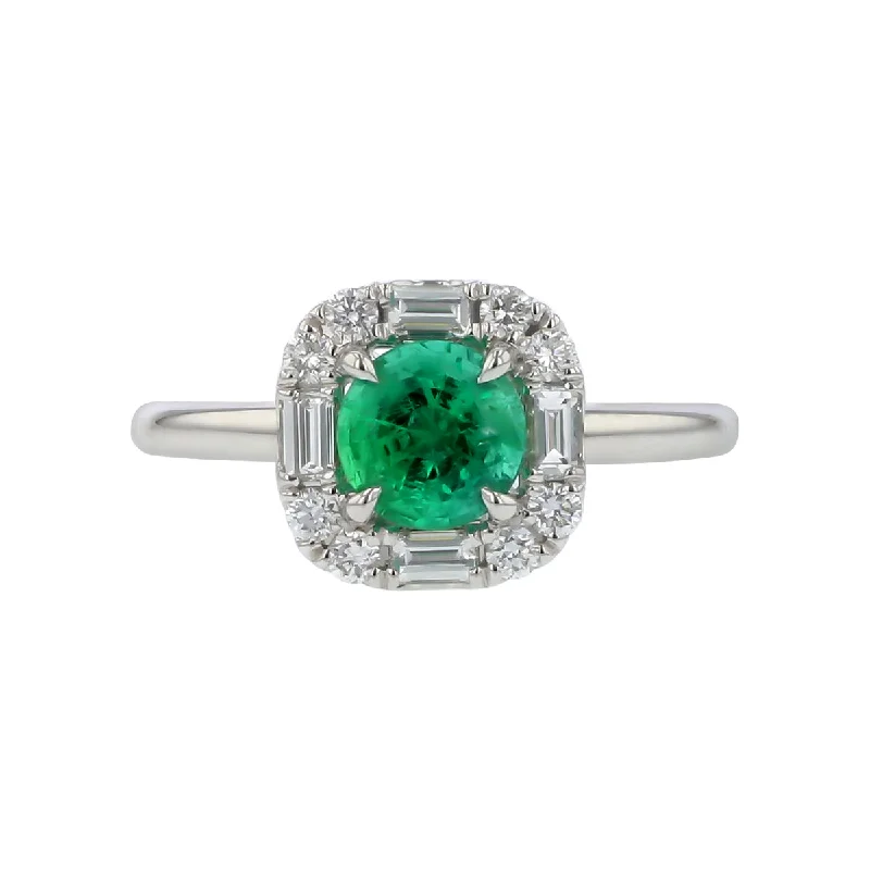 Women’s diamond engagement rings-Emerald with Baguette and Round Diamond Halo Ring in 18K White Gold, Size 6.25