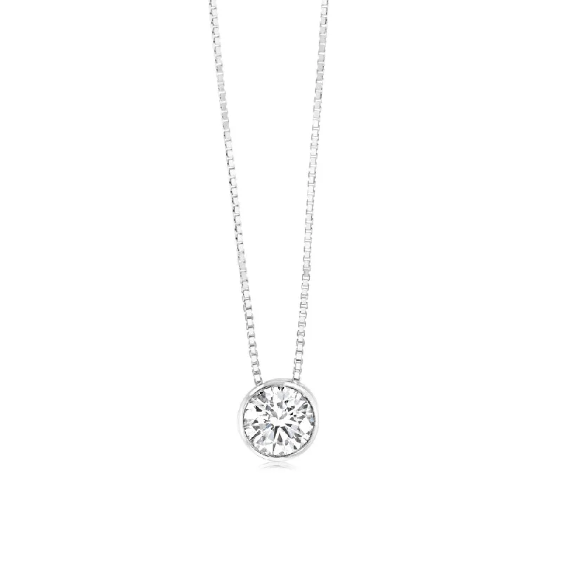 Women’s pearl drop necklaces-Luminesce Lab Grown Bezel Pendant in 3/4 Carat Diamond with Silver Slider Chain