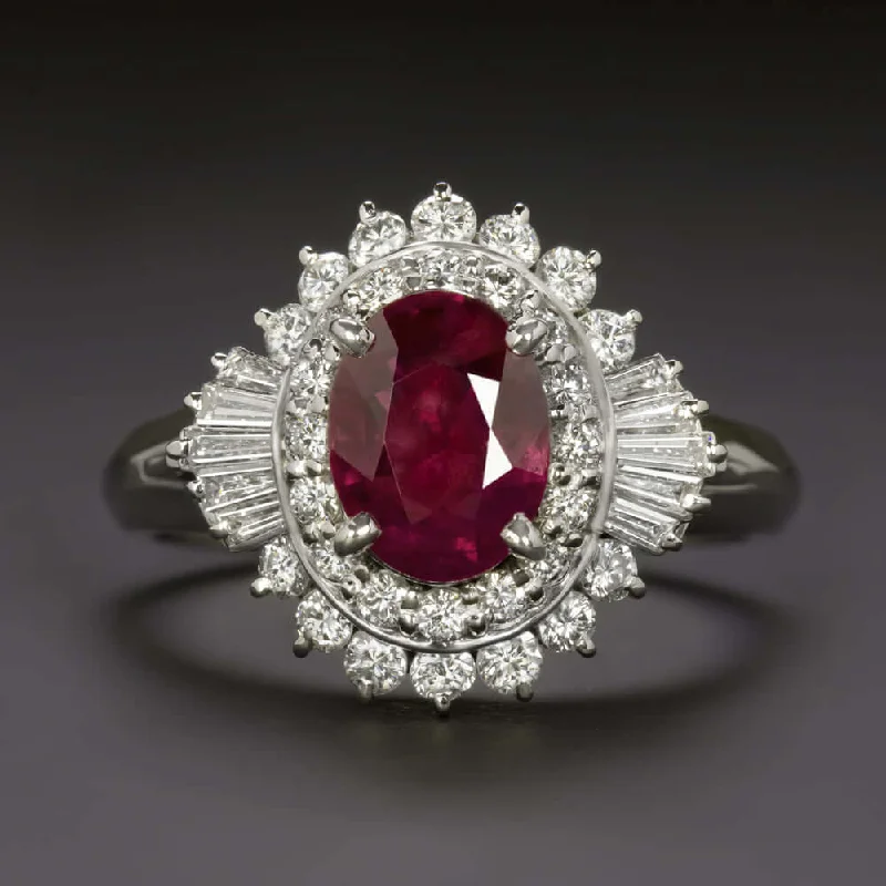 Women’s modern engagement rings-2.2ct GIA CERTIFIED NATURAL RUBY DIAMOND PLATINUM COCKTAIL RING HALO BALLERINA