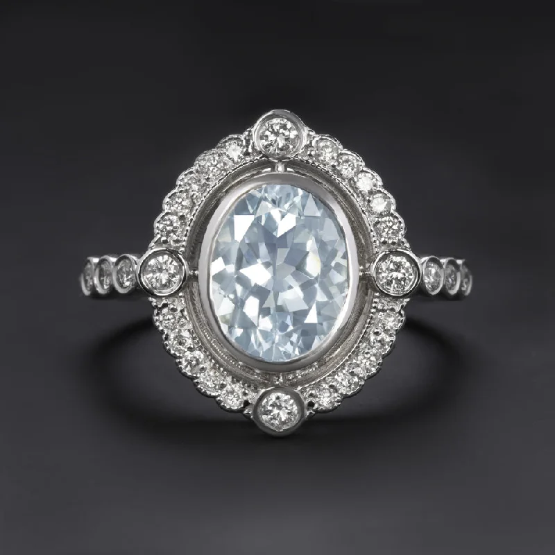 Women’s high-end engagement rings-AQUAMARINE DIAMOND HALO COCKTAIL RING VINTAGE STYLE 14k WHITE GOLD OVAL CUT BLUE