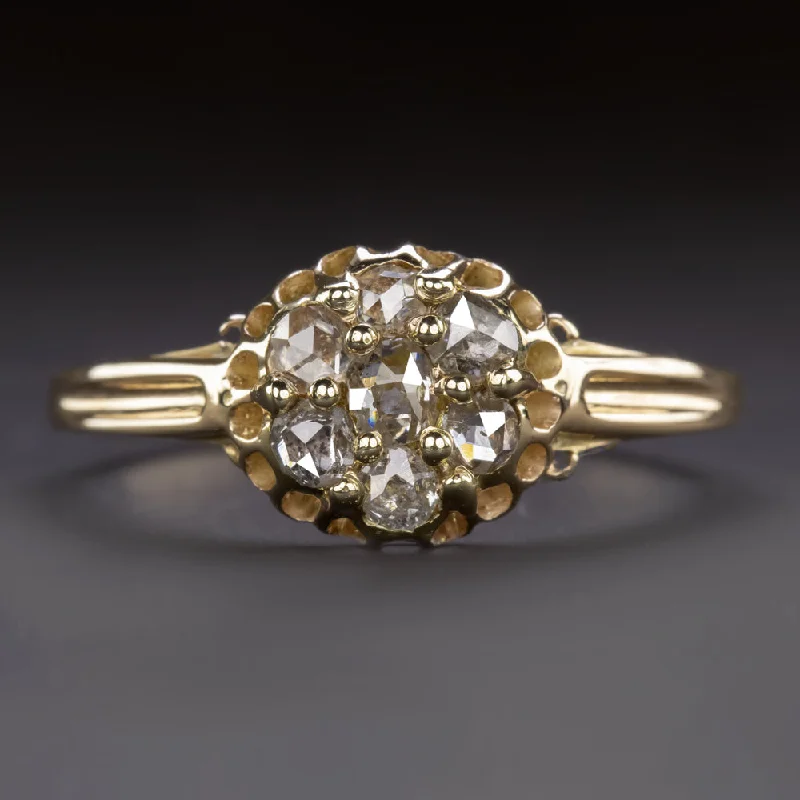 Women’s large stone engagement rings-VICTORIAN DIAMOND CLUSTER RING ANTIQUE OLD CUT YELLOW GOLD ESTATE COCKTAIL