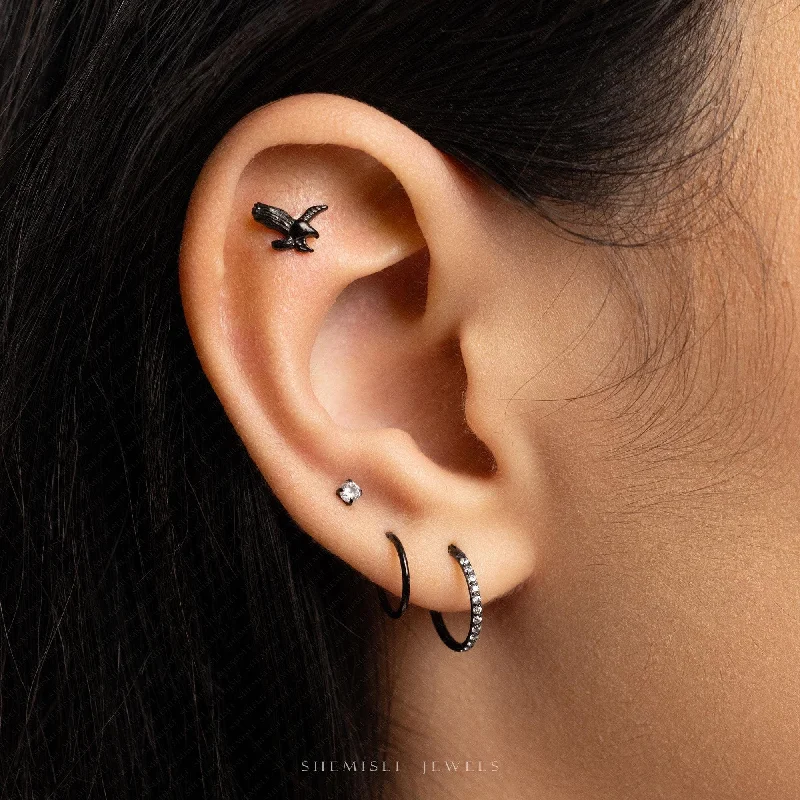 Women’s diamond stud earrings-Tiny Black Eagle Threadless Flat Back Earrings, 20,18,16ga, 5-10mm Unisex, Surgical Steel SHEMISLI SS1024