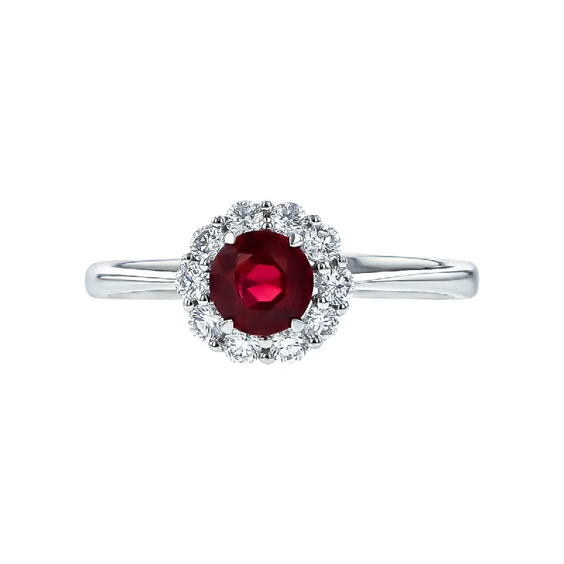 Women’s antique diamond engagement rings-Round Ruby Ring with Scalloped Diamond Halo