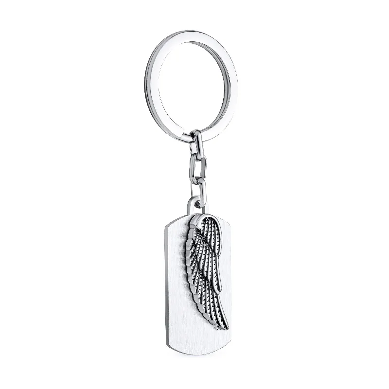 Women’s customized necklaces-Guardian Angel Wing Feather Key Chain for Men - Oxidized Stainless Steel Dog Tag