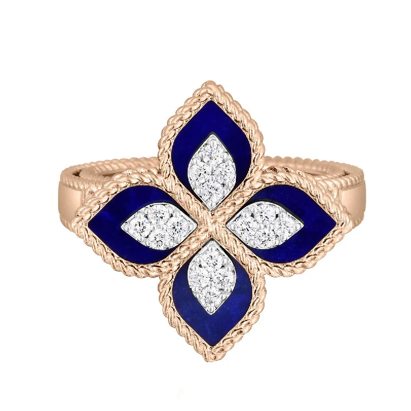 Women’s cushion cut diamond engagement rings-18K Rose and White Gold Blue Lapis and Diamond Flower Ring