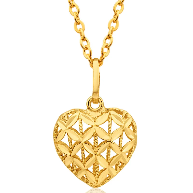 Women’s art deco necklaces-9ct Yellow Gold Diamond Cut Heart Pendant