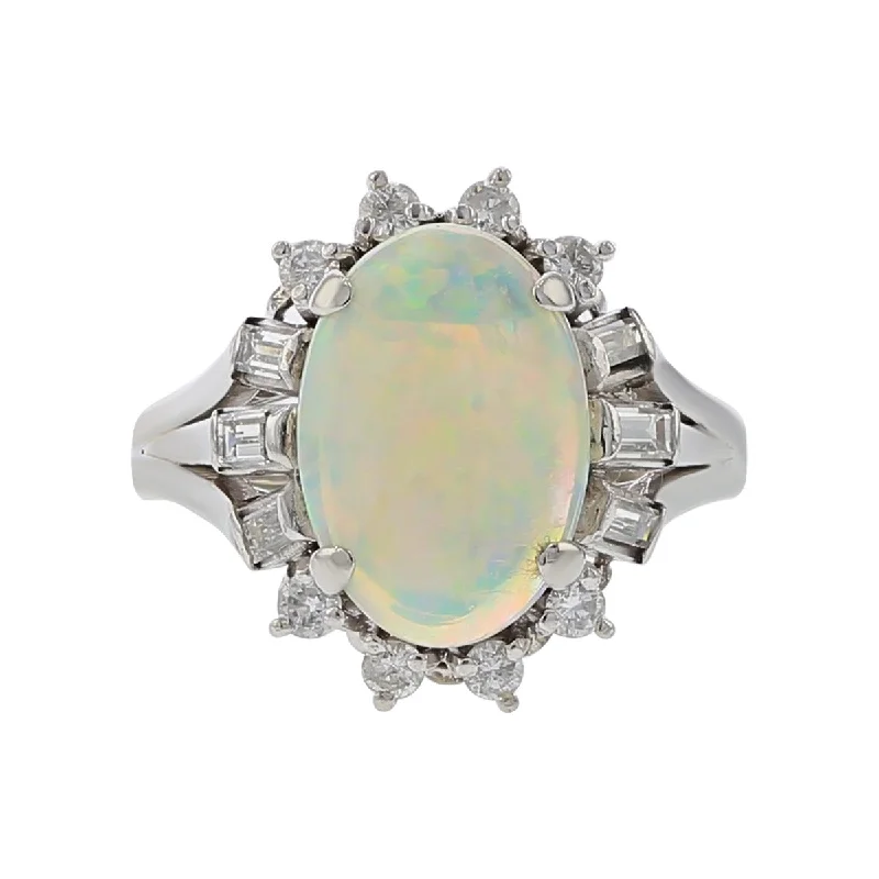 Women’s gemstone engagement rings-Mid-Century Platinum Australian Opal and Diamond Halo Ring