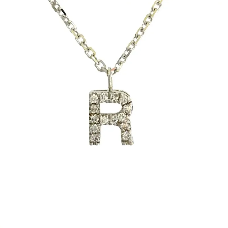 Women’s sterling silver necklaces-White Gold Diamond R Pendant