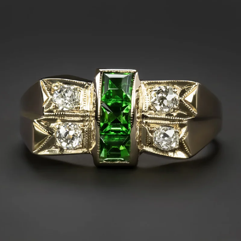 Women’s eco-friendly engagement rings-VINTAGE EMERALD OLD CUT DIAMOND COCKTAIL RING 1944 RETRO ERA CHUNKY YELLOW GOLD