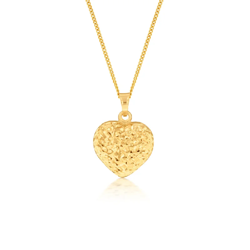 Women’s charm necklaces-9ct Yellow Gold Textured Diamond Cut Heart Pendant