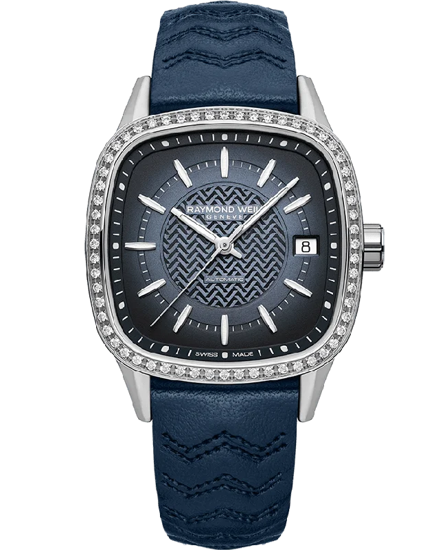 Women’s emerald cut engagement rings-Raymond Weil Freelancer Women's Gradient Blue Dial Diamond Automatic Watch 2490-SCS-50051