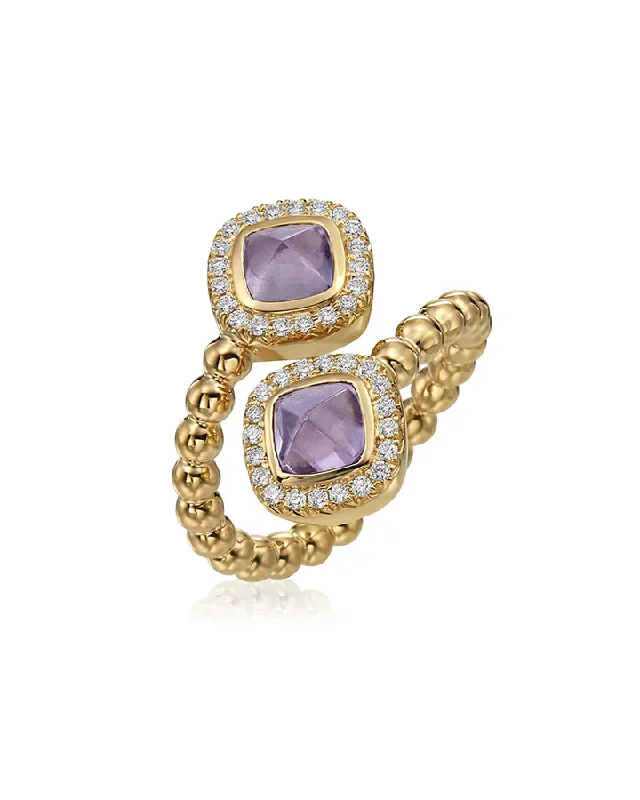 Women’s oval engagement rings-Nutmeg 2.43Ct Pink Sapphire and 0.29Ct Diamond Crossover Halo Ring in 18K Yellow Gold