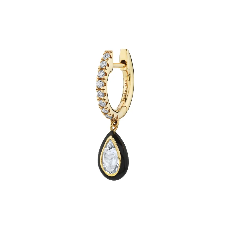 Women’s sparkling earrings-Enamel Teardrop Huggie - White Diamond, White Topaz and Black Enamel / 14k Yellow Gold