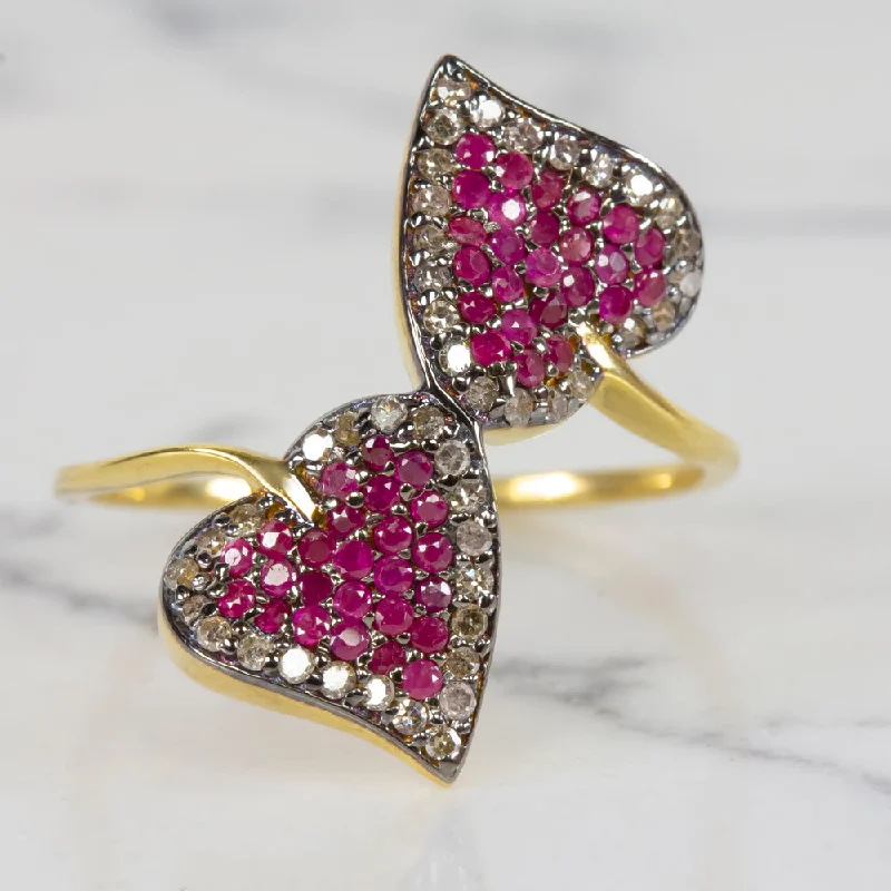 Women’s stackable engagement rings-NATURAL RUBY PAVE DIAMOND COCKTAIL RING LEAF SHAPE BOTANICAL BOHO STYLE BYPASS