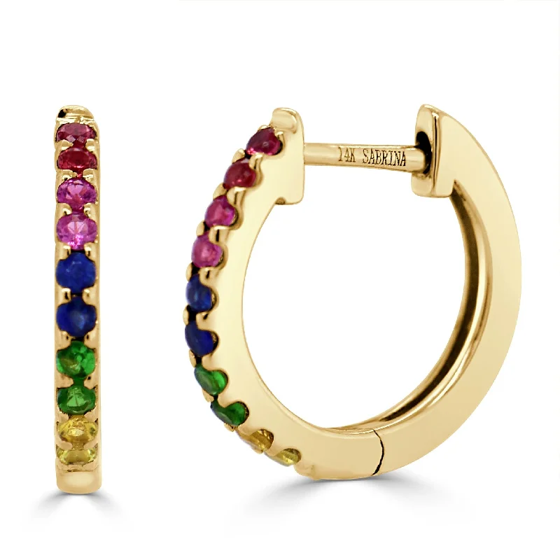 Women’s chandelier earrings-14k Gold & Rainbow Sapphire Huggie Earrings