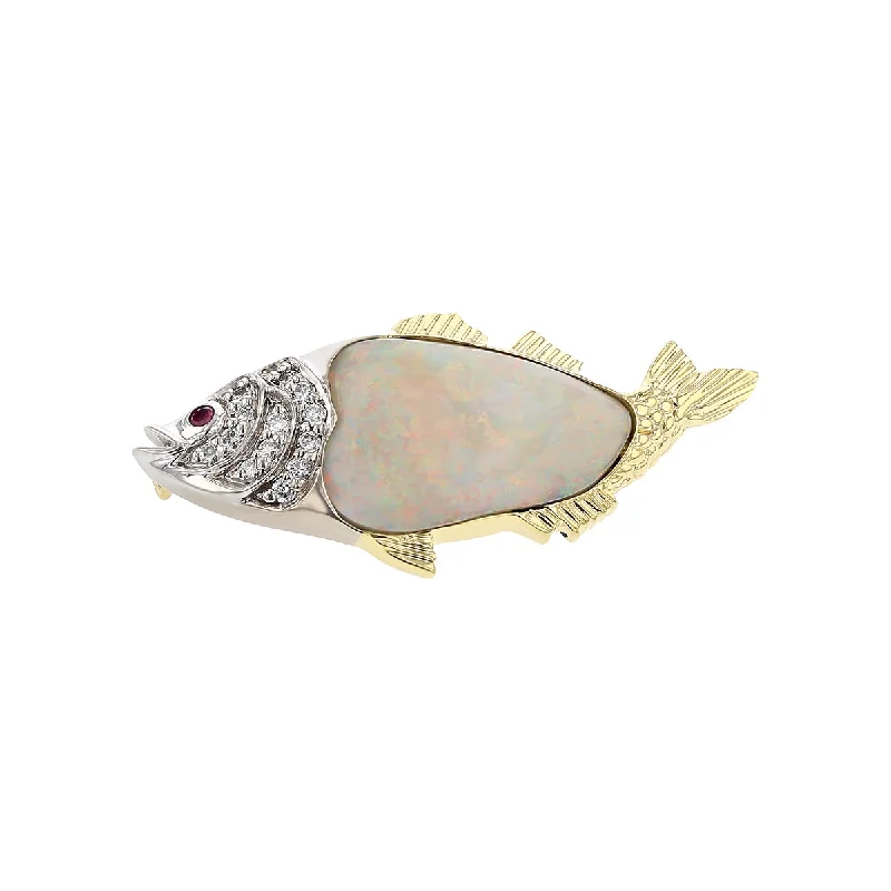 Women’s three-stone engagement rings-18K Yellow Gold Opal, Diamond and Ruby Fish Pin