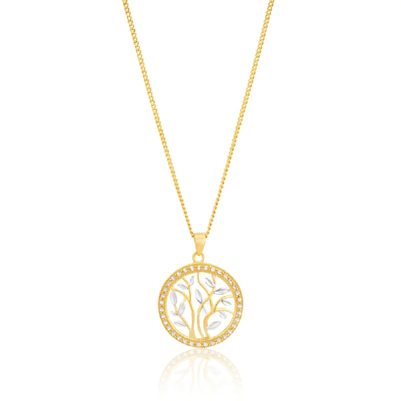 Women’s sapphire drop necklaces-9ct Yellow Gold Two-Tone Leaf Pendant with Milgran and Diamond Cutting feature