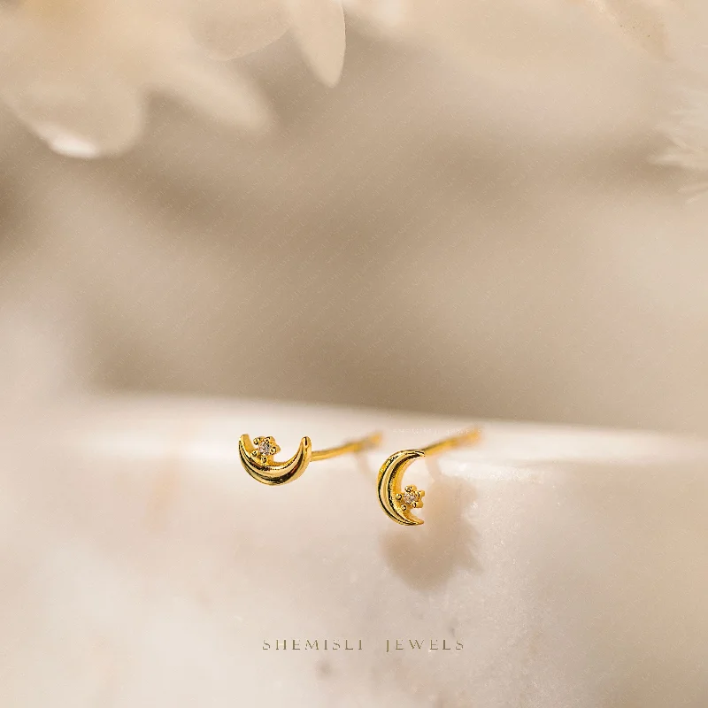 Women’s long gold earrings-Dainty Moon and Star Studs Earrings, Unisex, Gold, Silver SHEMISLI SS637 Butterfly End, SS638 Screw Ball End (Type A) LR