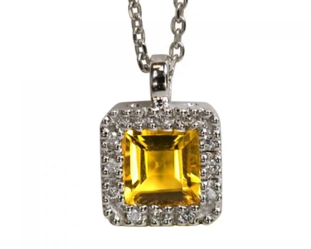 Women’s rose gold necklaces-Square Citrine & Diamond Pendant