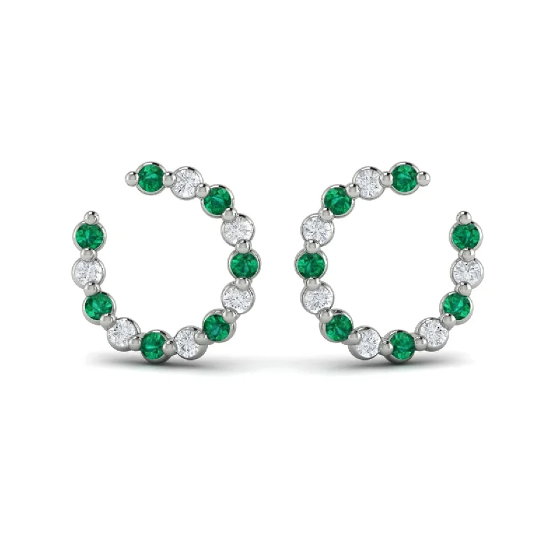 Women’s colored gemstone earrings-Forward-facing Diamond and Emerald  Open Hoop Earrings