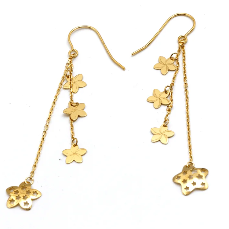 Women’s birthstone earrings-Real Gold Paper Star Flower Dual Hanging Drop Earring Set 7178 E1840