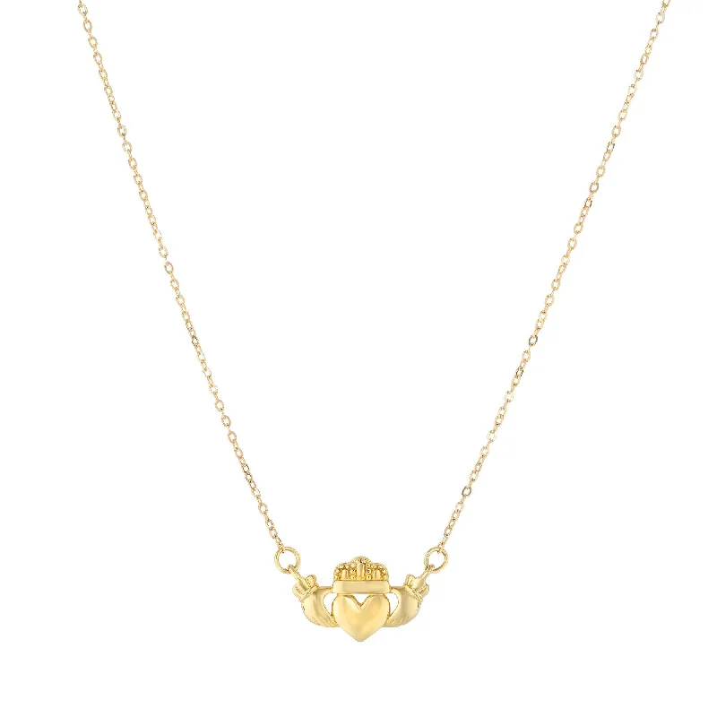 Women’s pendant necklaces-14kt 17 inches Yellow Gold Shiny Claddagh Center Element Anchored to Link Chain with Spring Ring Clasp