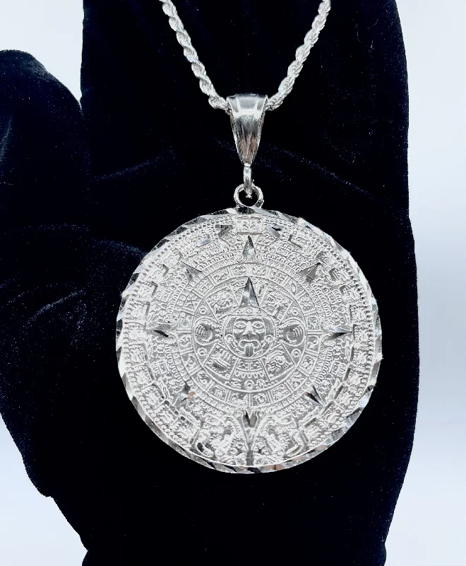 Women’s statement gold necklaces-Silver .925 Big Aztec calendar  pendant or chain set!