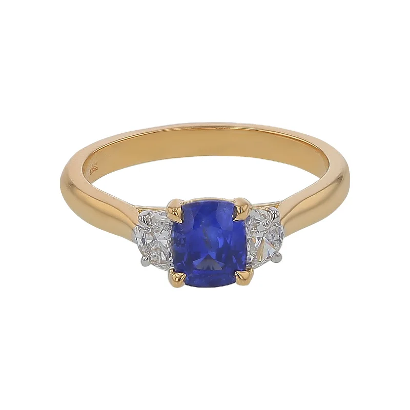 Women’s high-end engagement rings-0.94ct Cushion Ceylon Sapphire (H) 0.28ct Half Moon Diamonds 3 Stone Ring in Yellow Gold Size 6