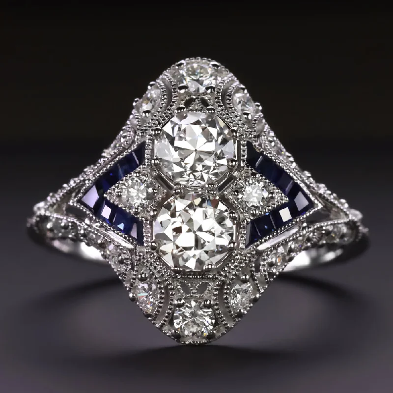 Women’s princess cut engagement rings-VINTAGE STYLE DIAMOND SAPPHIRE COCKTAIL RING ART DECO TOI ET MOI OLD EUROPEAN