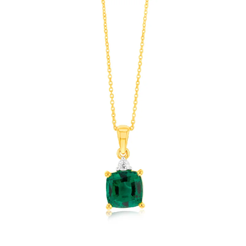 Women’s bridal pearl necklaces-9ct Yellow Gold 1/3ct Created Emerald and Diamond Pendant On 45cm Chain