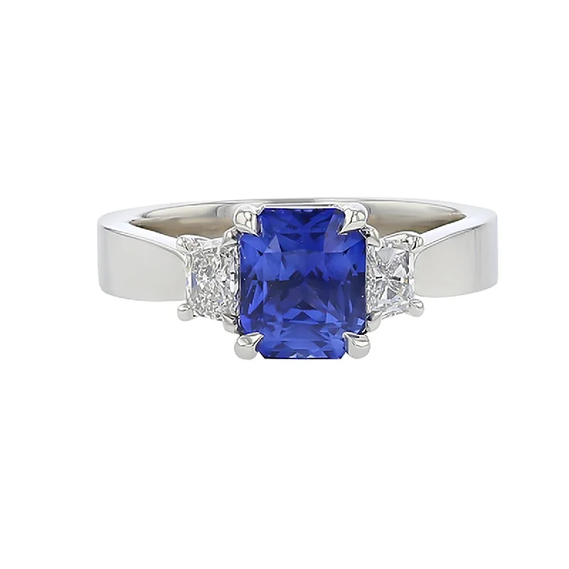 Women’s vintage style engagement rings-Radiant Sri Lankan Sapphire and Trapezoid Diamond 3-Stone Ring