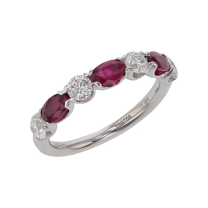 Women’s modern cut engagement rings-0.75Ct Diamond and 0.85Ct Ruby Alternating Band in 18k White Gold, Size 6.5