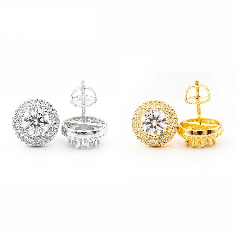 Women’s gold drop earrings-Double Diamond Halo Layered Round Earrings | S925 | Moissanite