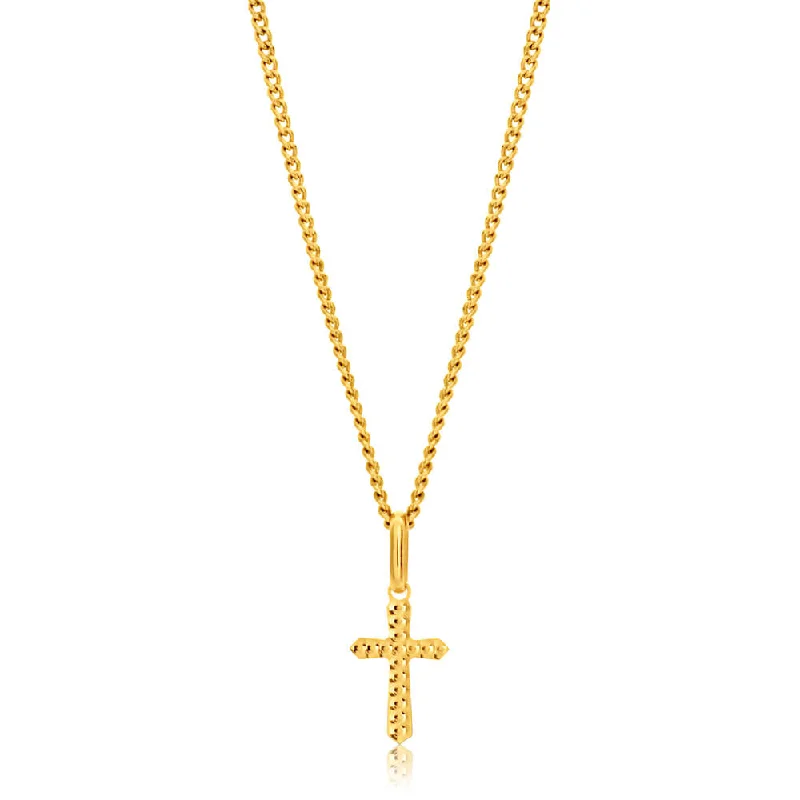 Women’s fine gold necklaces-9ct Yellow Gold Plain & Diamond Cut 11mm Cross Pendant