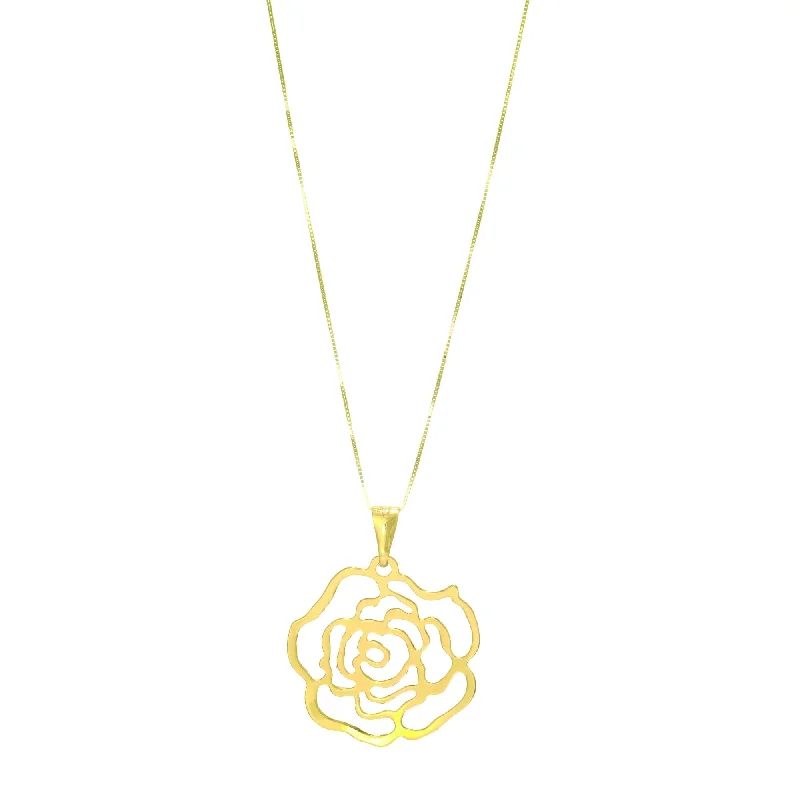 Women’s birthstone necklaces-14kt Yellow Gold Shiny 26mm Fancy Rose Pattern On 14kt 18 inches Yellow Gold 0.6mm Classic Box Chain with Spring Ring Clasp