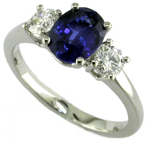 Women’s gold engagement rings-2.04ct Oval Sapphire and 0.51ct Diamond 3-Stone Ring in Platinum, Size 6.25