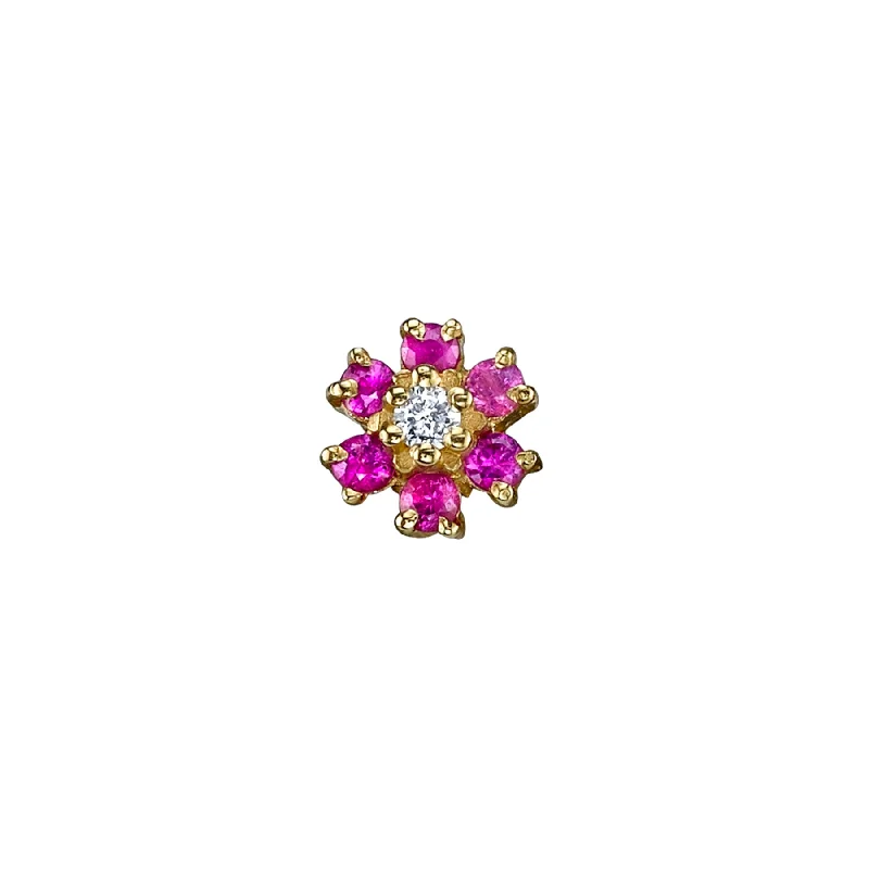 Women’s teardrop earrings-Mini Teddy Flower Stud - Ruby and White Diamond / 14k Yellow Gold