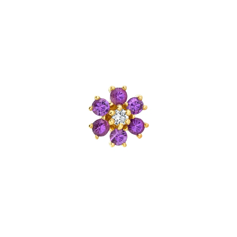 Women’s heart-shaped stud earrings-Mini Teddy Flower Stud - Amethyst and White Diamond / 14k Yellow Gold