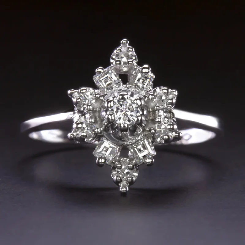 Women’s stackable diamond engagement rings-VINTAGE NATURAL DIAMOND CLUSTER RING 14k WHITE GOLD CARRE CUT COCKTAIL ESTATE