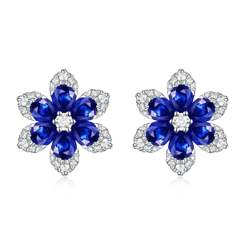 Women’s double drop earrings-14k Gold Diamond & Sapphire Flower Stud Earrings