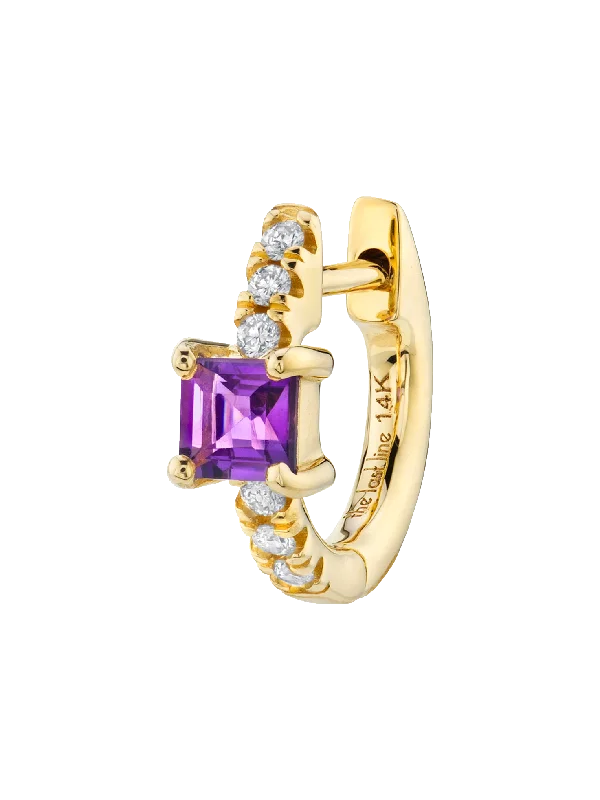 Women’s dainty earrings-Princess Solitaire Pavé Huggie - White Diamond and Amethyst / 14k Yellow Gold