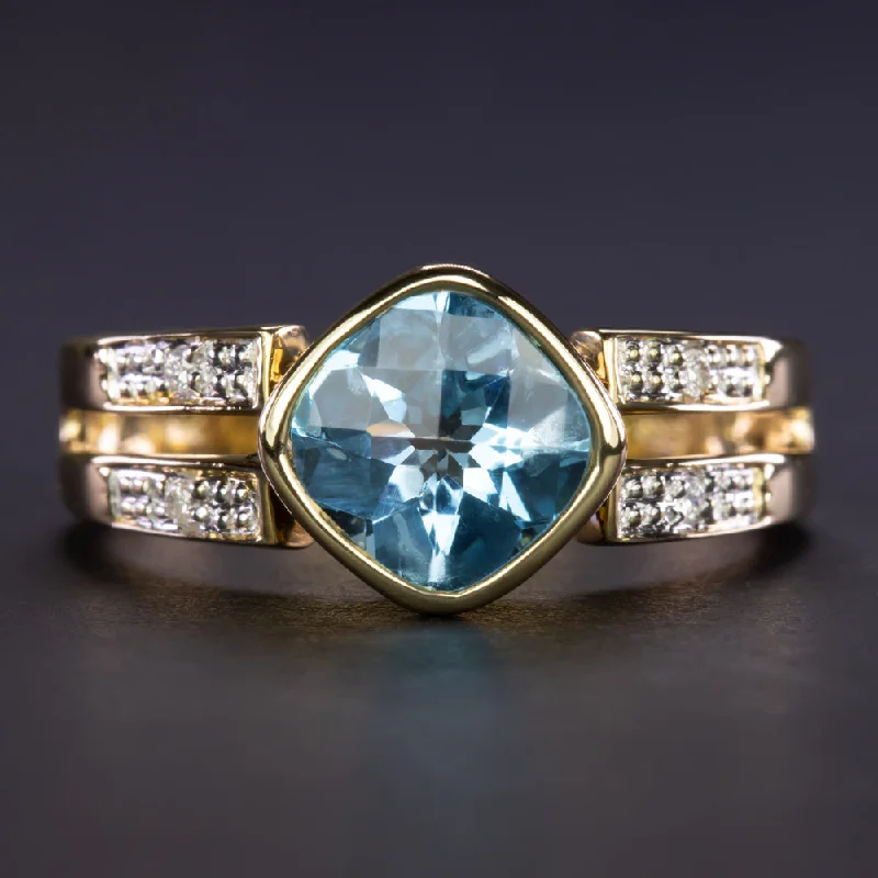 Women’s antique engagement rings-BLUE TOPAZ DIAMOND COCKTAIL RING 14k YELLOW GOLD BEZEL SET CUSHION SPLIT SHANK