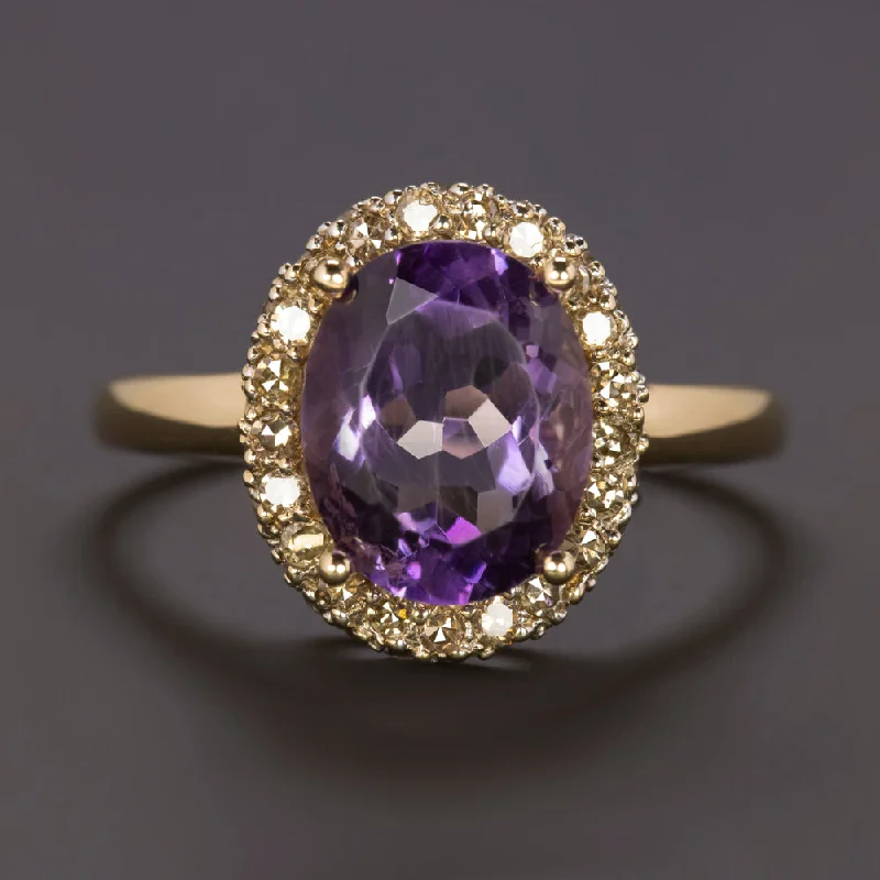 Women’s vintage engagement rings-AMETHYST DIAMOND 14k YELLOW GOLD COCKTAIL RING OVAL SHAPE HALO NATURAL PURPLE