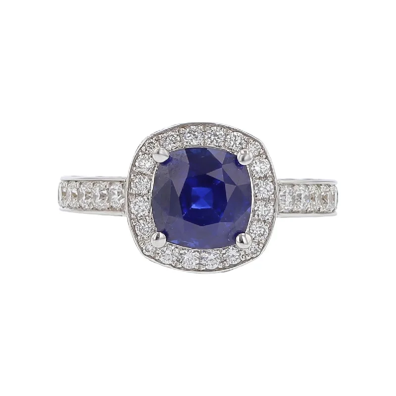 Women’s classic engagement rings-18K White Gold Cushion-cut Sapphire and Diamond Halo Ring