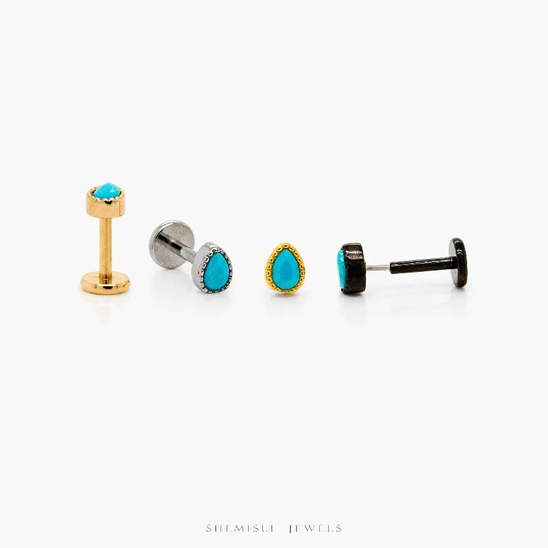 Women’s fashion stud earrings-Tiny Teardrop Turquoise Threadless Flat Back Earrings, 20,18,16ga, 5-10mm Unisex, Surgical Steel SHEMISLI SS596