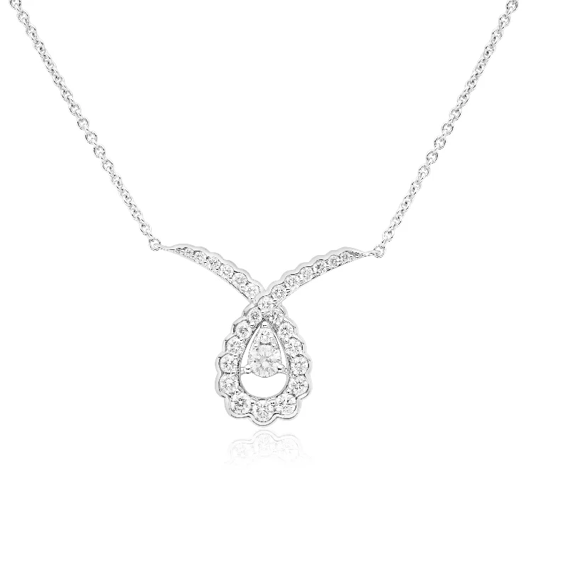 Women’s pearl drop necklaces-14k White Gold Diamond V Pear Shape Drop Pendant