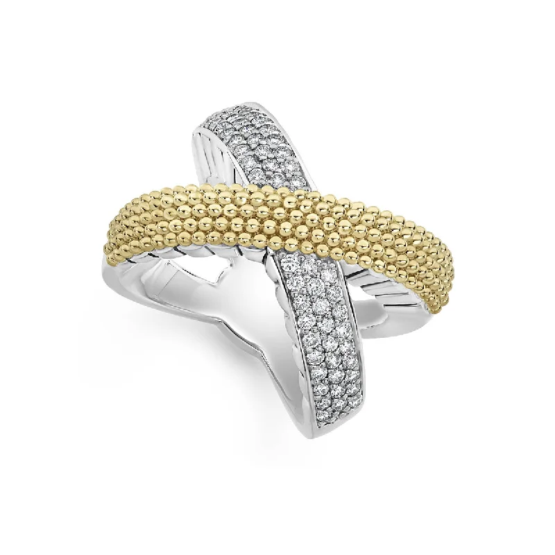 Women’s antique-style engagement rings-STERLING SILVER AND 18K YELLOW GOLD DIAMOND CAVIAR LUX LARGE X PAVE CROSSOVER RING SIZE 8