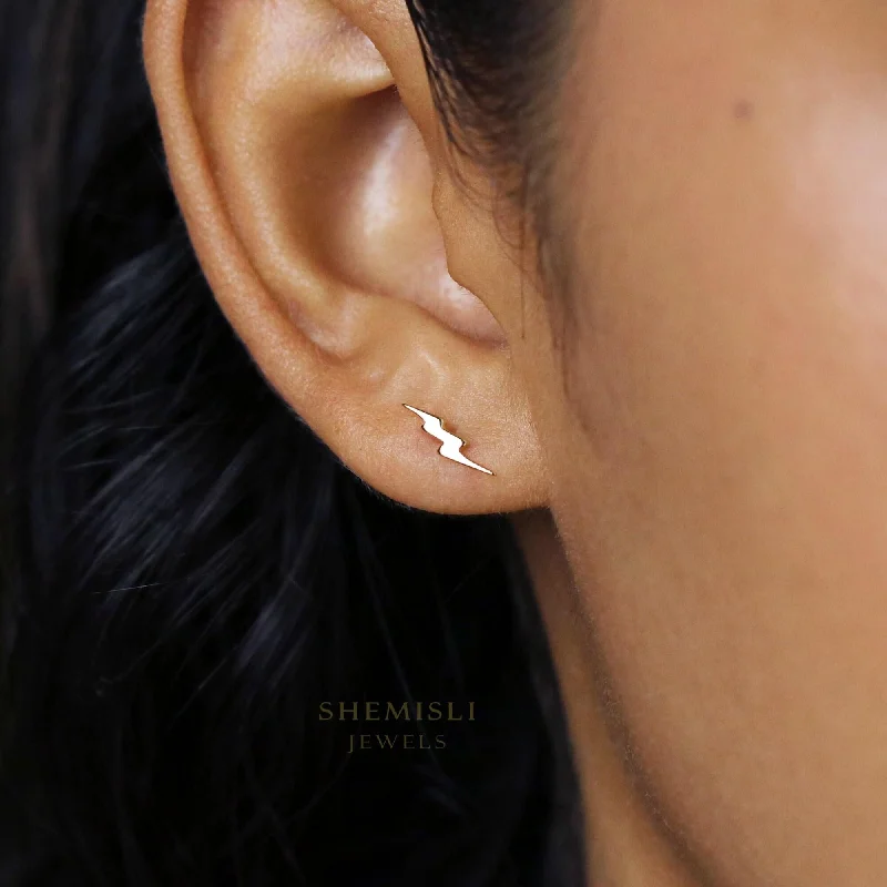 Women’s zirconia earrings-Tiny Lightning Studs Earrings, Unisex, Gold, Silver SHEMISLI - SS114 LR