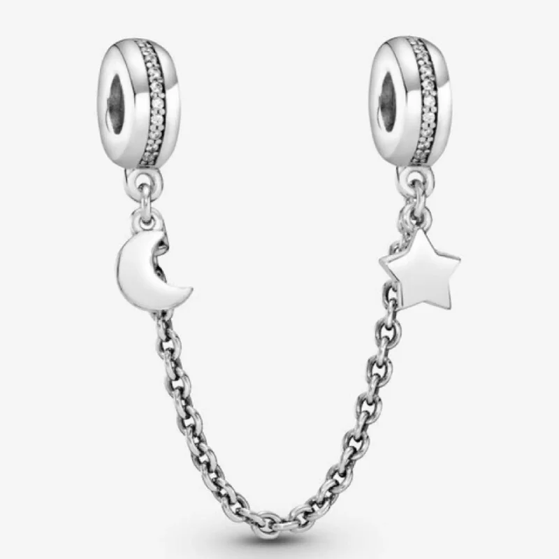 Women’s layered gold necklaces-Pandora Half Moon & Star Safety Chain Charm